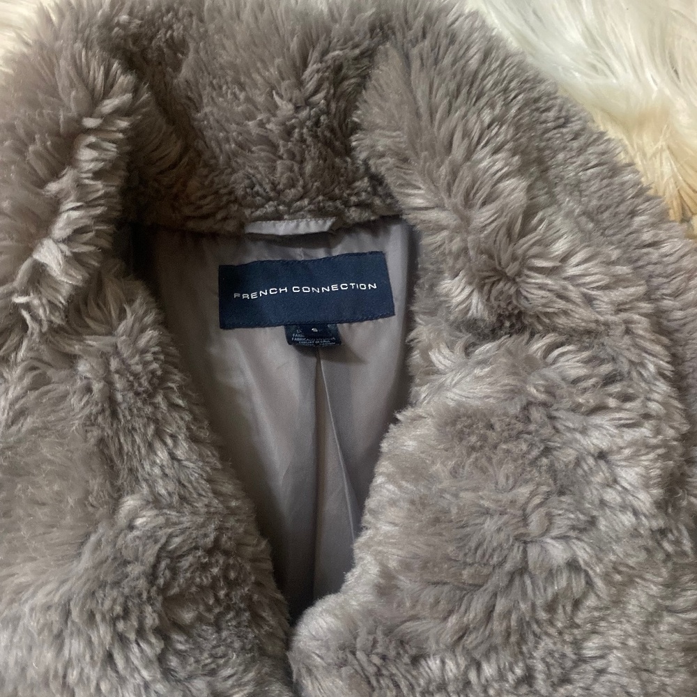 French Connection Gray puffer Coat with faux fur trim